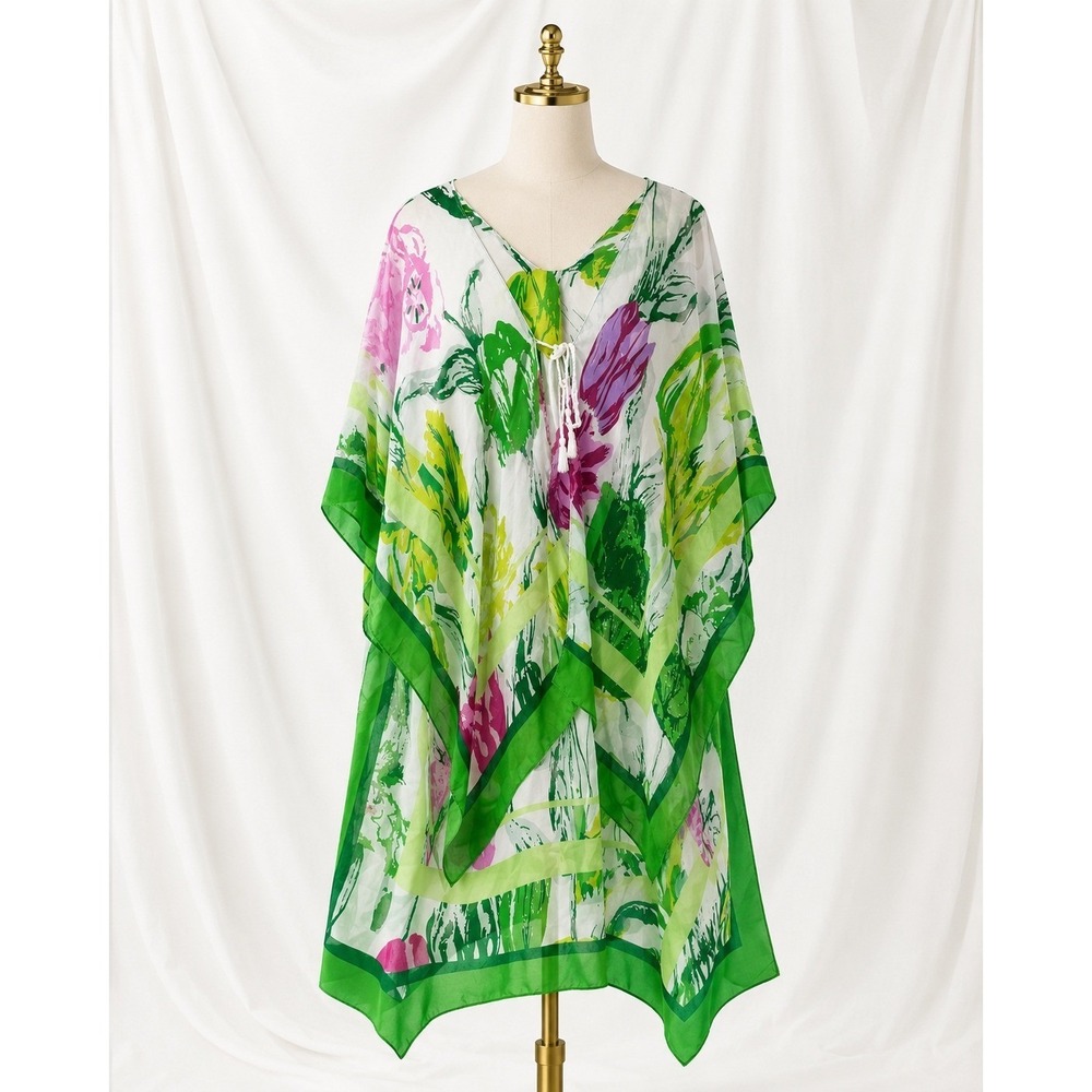 Beach Tropical Floral Kaftan Swim Cover Up V-Neck Tassel Resortwear One Sizer